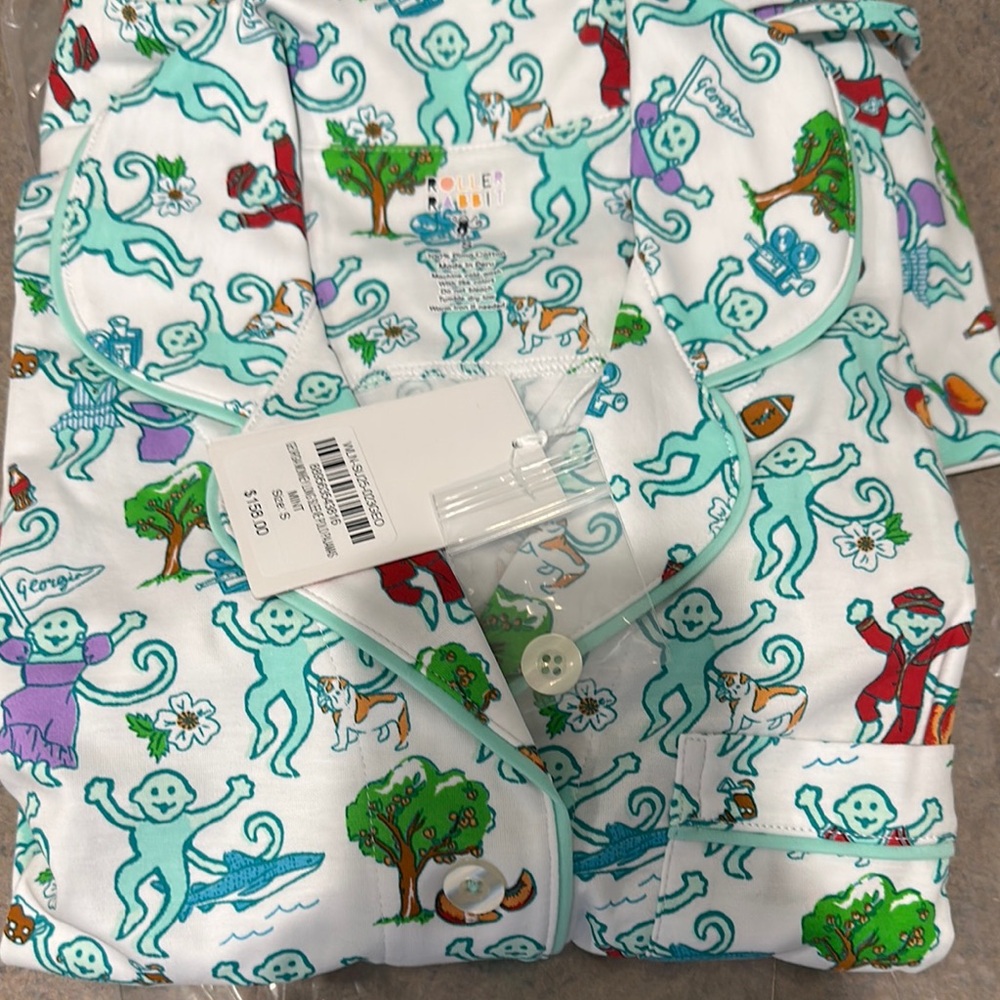 Roller Rabbit Aqua and Multicolor Monkey Pajama Set